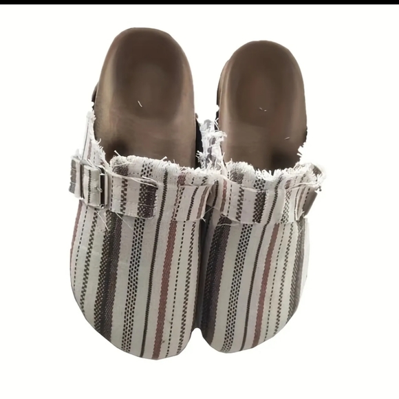 Striped Raw Edge Fabric Flat Clogs, Size 11, NWT - Picture 2 of 4